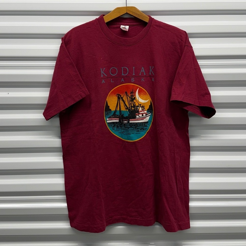 Vintage 90s Kodiak Alaska Sunset Boat Single Stitched Maroon Mens XL Shirt